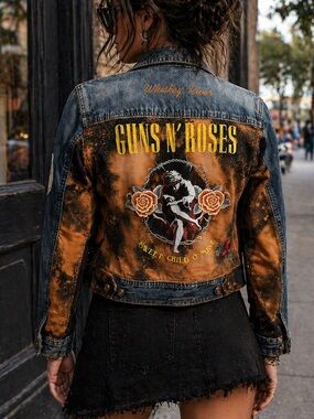 Reworked Customized Guns ‘N Roses Denim Jean Jacket Distressed Rock Band | S/M